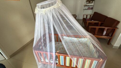Babyhug Ionia wooden cradle with mosquito net cheery