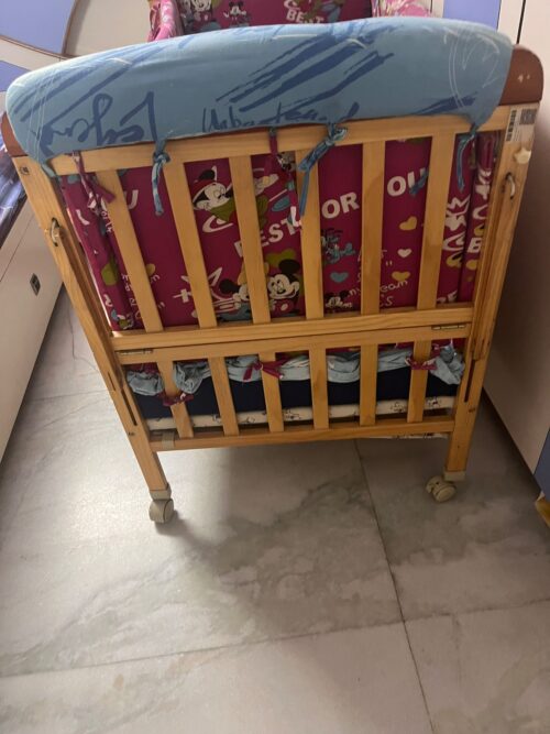Babyhug Wooden Baby Cot with Mattress, Bed Protectors & Mosquito Net – Gently Used
