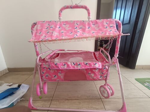 Baby Cradle with Swing, Wheels & Mosquito Net – Pink | 0–13 Months