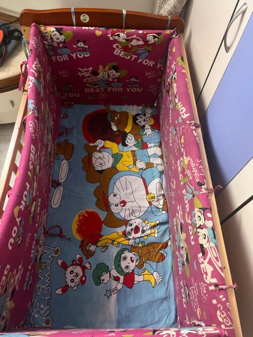 Babyhug Wooden Baby Cot with Mattress, Bed Protectors & Mosquito Net – Gently Used