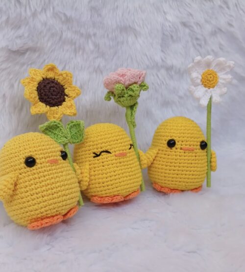 Crochet Handmade Ducks with Flowers – Set of 3 | Soft & Safe Cotton Yarn | New