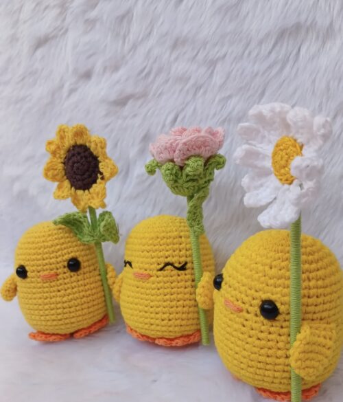 Crochet Handmade Ducks with Flowers – Set of 3 | Soft & Safe Cotton Yarn | New
