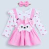 Hopscotch Heart Print Romper Dress with Bear/Fox Embroidery & Headband – Fall/Winter Edition