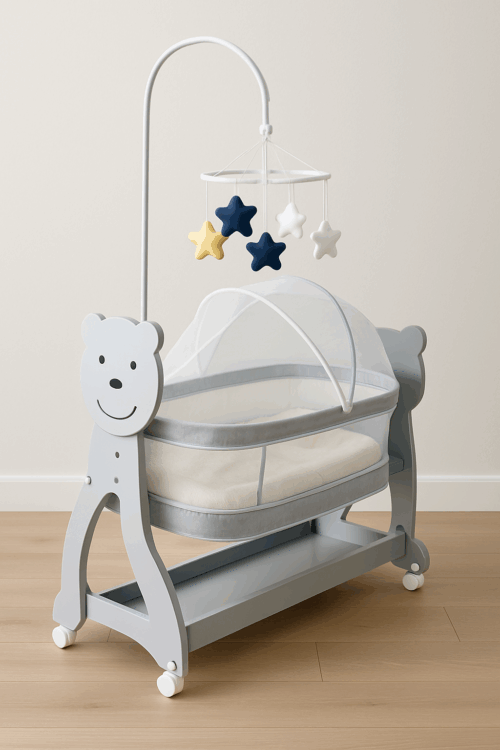 Mee Mee Sweet Love Automatic Baby Cradle with Bed Set | Gently Used for 4 Months | Grey | Remote Controlled