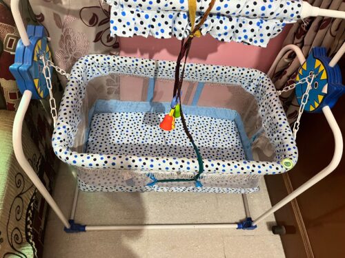 Baby Swinging Cradle with Mosquito Net – Blue, 0-6 Months