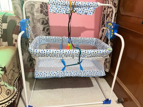 Baby Swinging Cradle with Mosquito Net – Blue, 0-6 Months