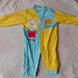 T for Teddy, F for Frog Cotton Romper – Yellow & Blue