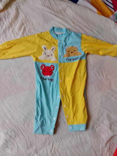 T for Teddy, F for Frog Cotton Romper – Yellow & Blue