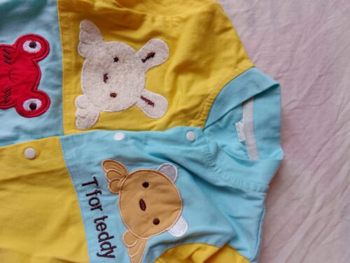 T for Teddy, F for Frog Cotton Romper – Yellow & Blue