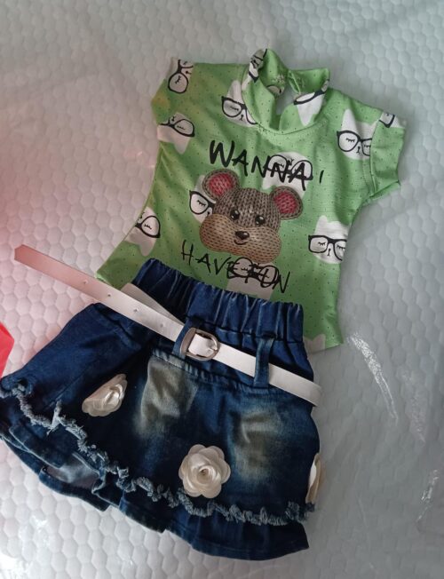 Trendy Denim Skirt & Printed Tee Set for Baby Girl – Brand New