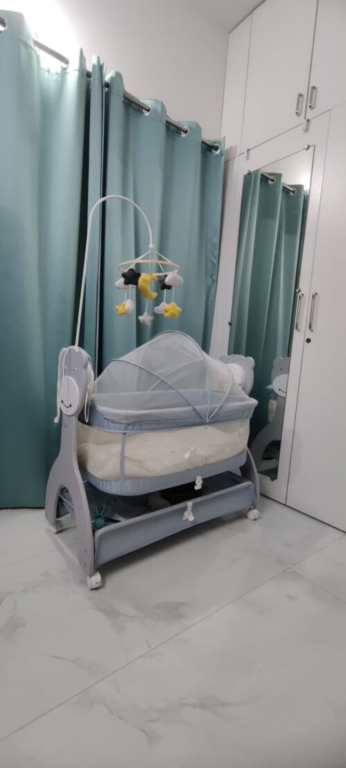 Mee Mee Sweet Love Automatic Baby Cradle with Bed Set | Gently Used for 4 Months | Grey | Remote Controlled