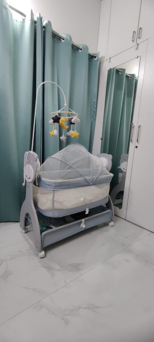 Mee Mee Sweet Love Automatic Baby Cradle with Bed Set | Gently Used for 4 Months | Grey | Remote Controlled