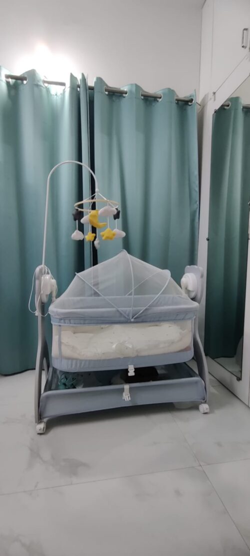 Mee Mee Sweet Love Automatic Baby Cradle with Bed Set | Gently Used for 4 Months | Grey | Remote Controlled
