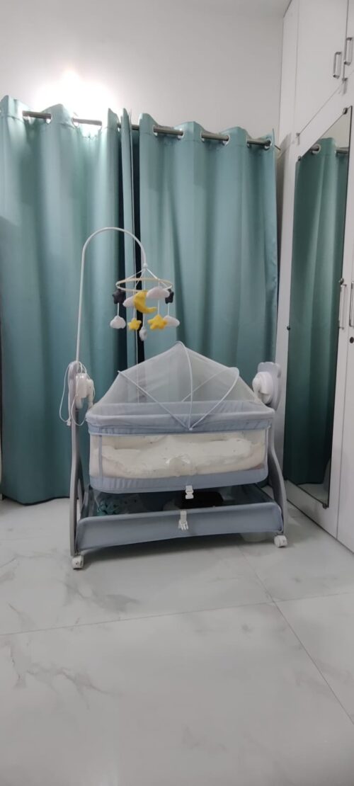 Mee Mee Sweet Love Automatic Baby Cradle with Bed Set | Gently Used for 4 Months | Grey | Remote Controlled
